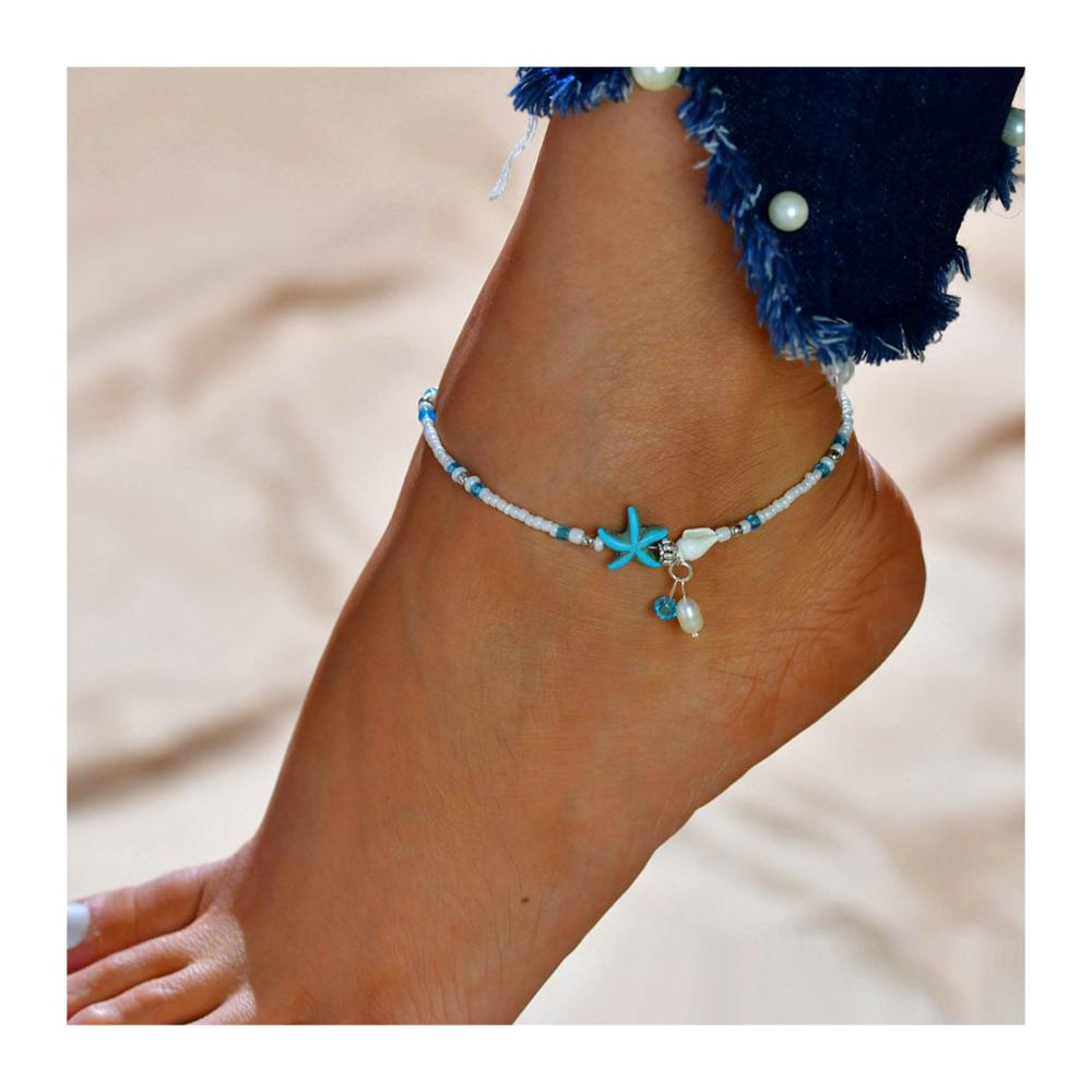 Elegantes Strand-Accessoire Boho Fußkettchen mit Seestern und weißen Perlen für Frauen – Sommerliches Knöchelarmband in Blau