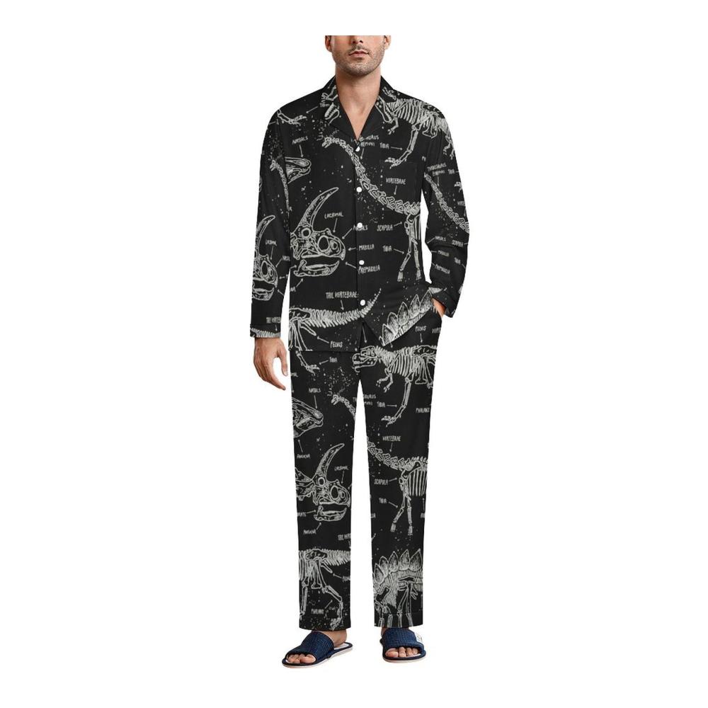 Bequemer Herren V-Ausschnitt Pyjama mit Taschen – Schwarzer Dinosaurier-Schlafanzug für Männer. Genießen Sie erholsame Nächte in stilvollem Komfort