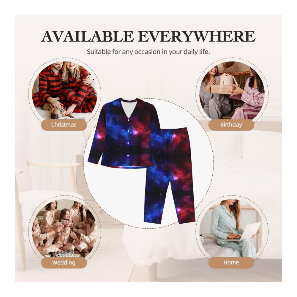 111 Damen Pyjama lang rot blau mit dunkelblauem Galaxie Print Nachthemd Oberteil und Hose gemütliche Nachtwäsche