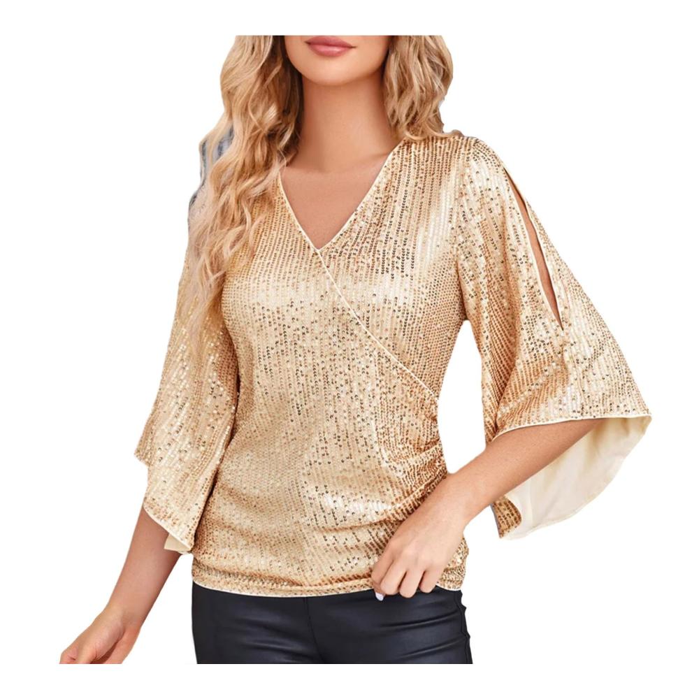 Entzückendes Damen Pailletten Shirt Glänzendes Highlight für lässige Eleganz! Perfekt für festliche Anlässe & den Alltag. Stilvoller V-Ausschnitt & Trompetenärmel. Jetzt zugreifen