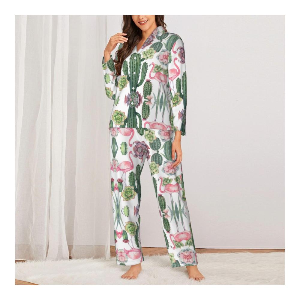 Damen-Schlafanzug Rosa Flamingo und Sukkulenten-Motiv Langärmelig Bequem und Stilvoll für die Nachtruhe Perfektes Geschenk für Entspannte Nächte