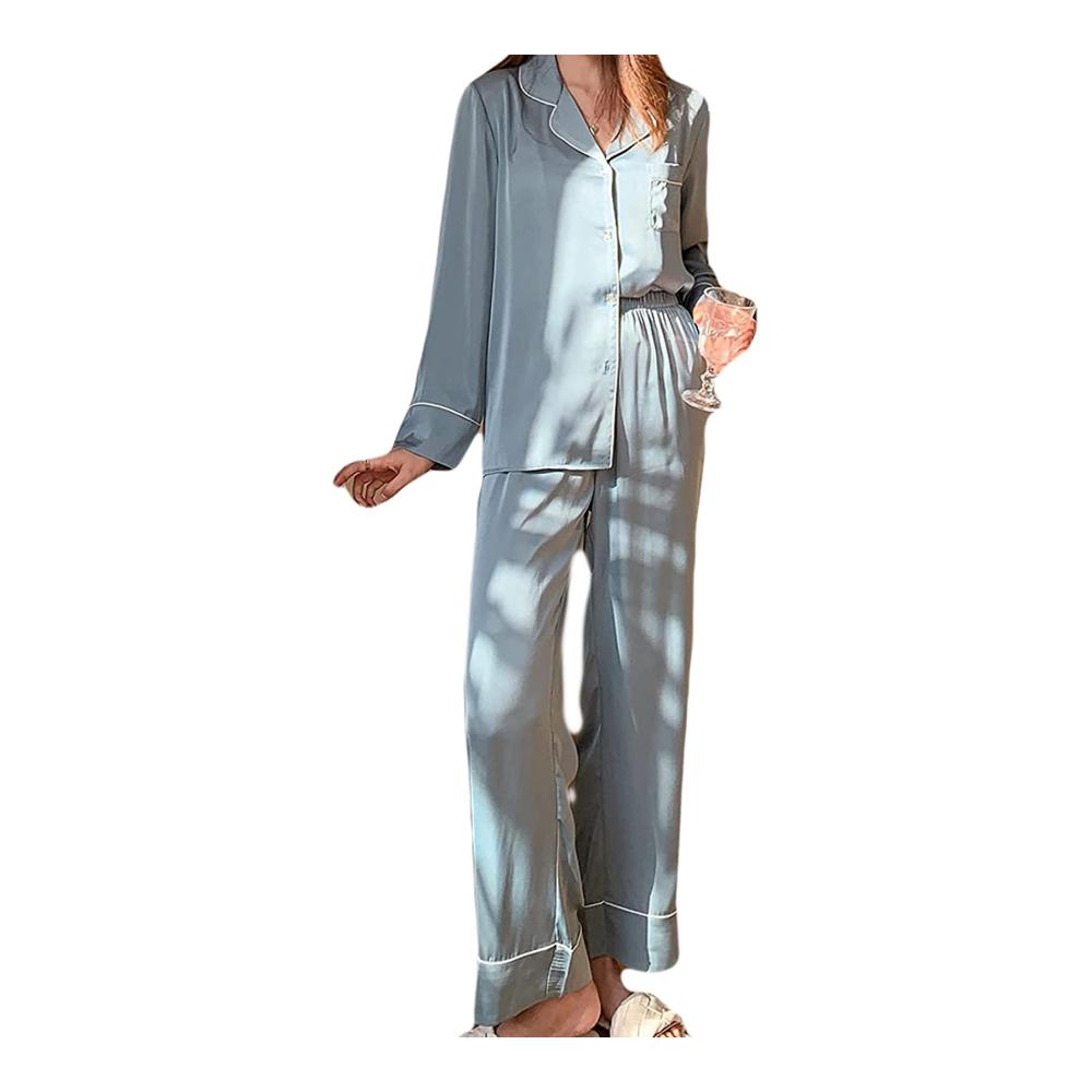 Bequem und elegant Herbst Seide Revers Pyjama-Set für Damen - Zwei-teilig Langarm Strickjacke & Knopfhose Nachtwäsche