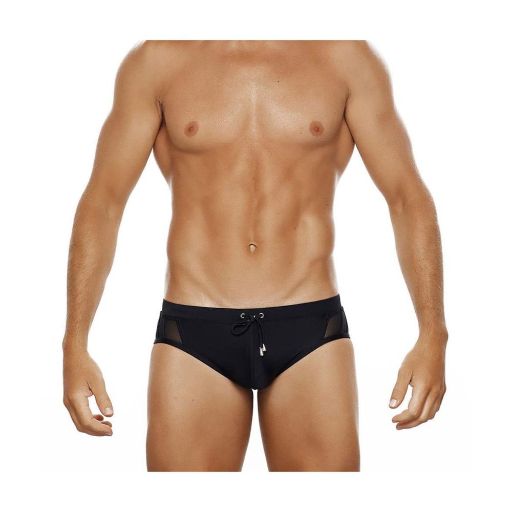 Stilvoll und bequem Herren Badehosen in Schwarz mit Mesh-Seiten Bikini-Schnitt und Schwammpolstern - perfekt für den Sommer im Schwimmbad! Entdecke jetzt