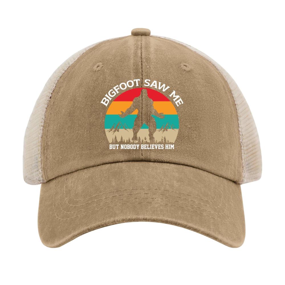Bigfoot Baseball Caps mit Saw Me But Nobody Believes Him Motiv | Trucker-Hüte für Teenager | Retro-Snapbacks
