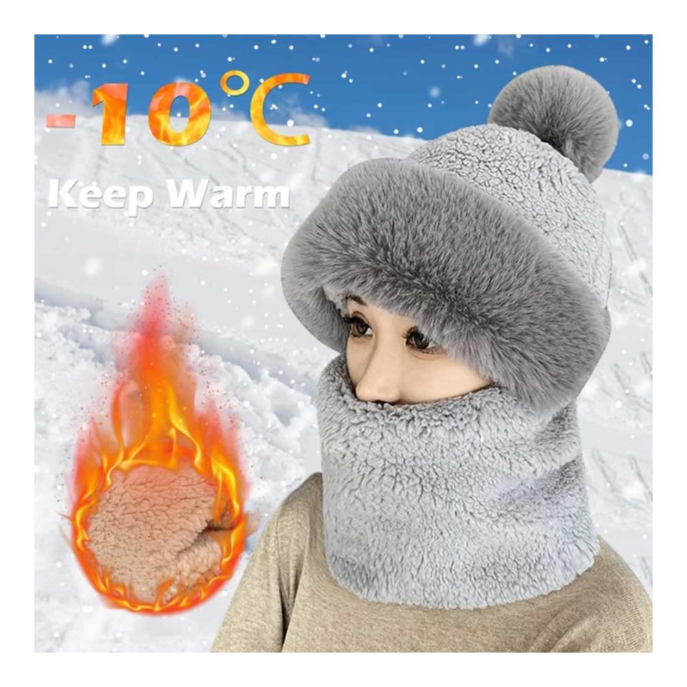 Perfekte Kombination Damen Radfahren Winter Plüsch Mütze Schal & Handschuh-Set | Winddicht Strickwolle integrierte Maske & Kragen | Stilvolle Wärme für kalte Tage