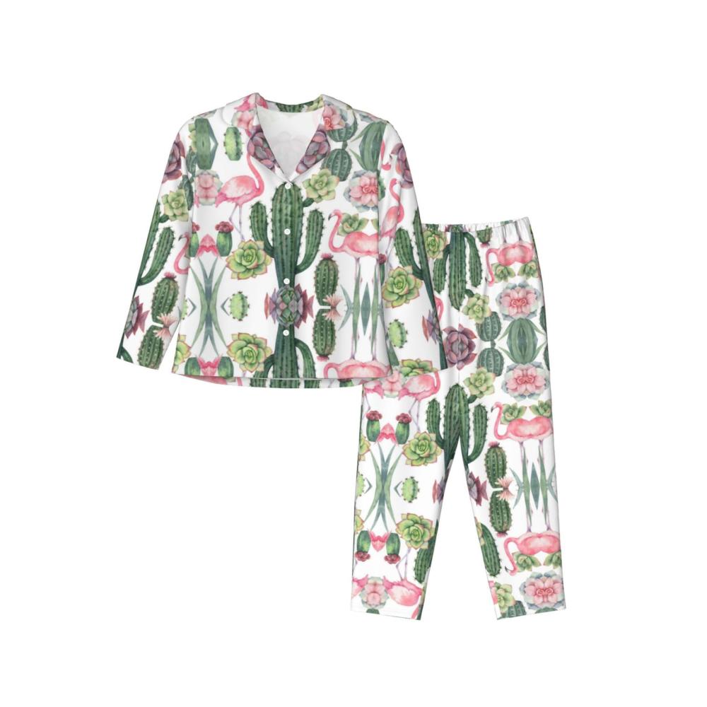 Damen-Schlafanzug Rosa Flamingo und Sukkulenten-Motiv Langärmelig Bequem und Stilvoll für die Nachtruhe Perfektes Geschenk für Entspannte Nächte