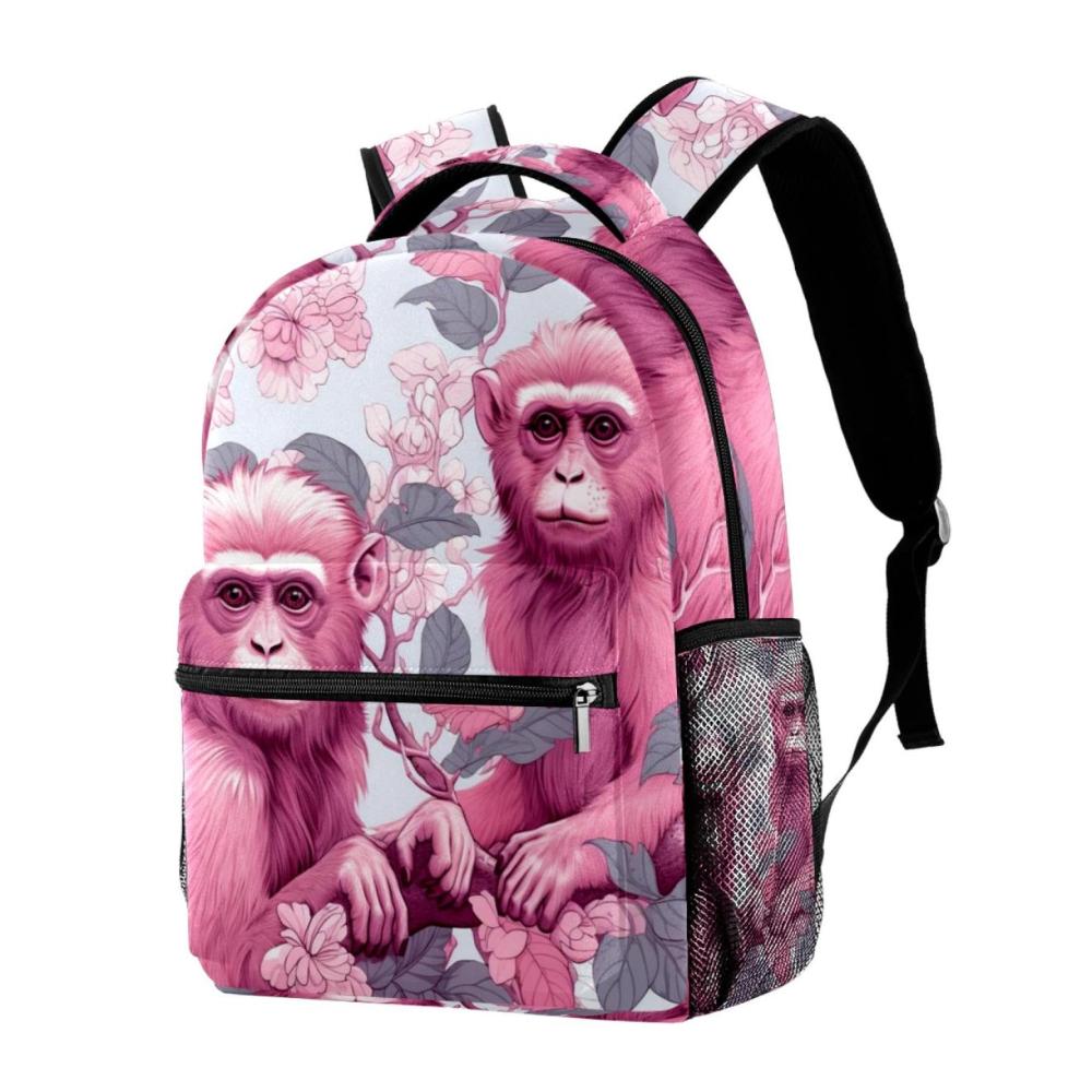 Entzückender Kinderrucksack Lässiger Rosa Affe mit Orang-Utan-Blattmuster. Leichter Schulrucksack mit Hauptfach 2 Seitentaschen & Organizer-Fronttasche. Premium Qualität