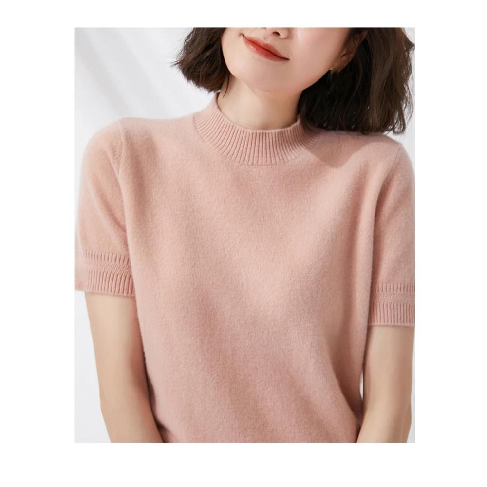 Wolle Strick Kurzarm Damen Eleganter Halb Hoher Kragen Winter Innen Rollkragen Halbarm Pullover Warmer Sweater Langarm Feinstrickpullover