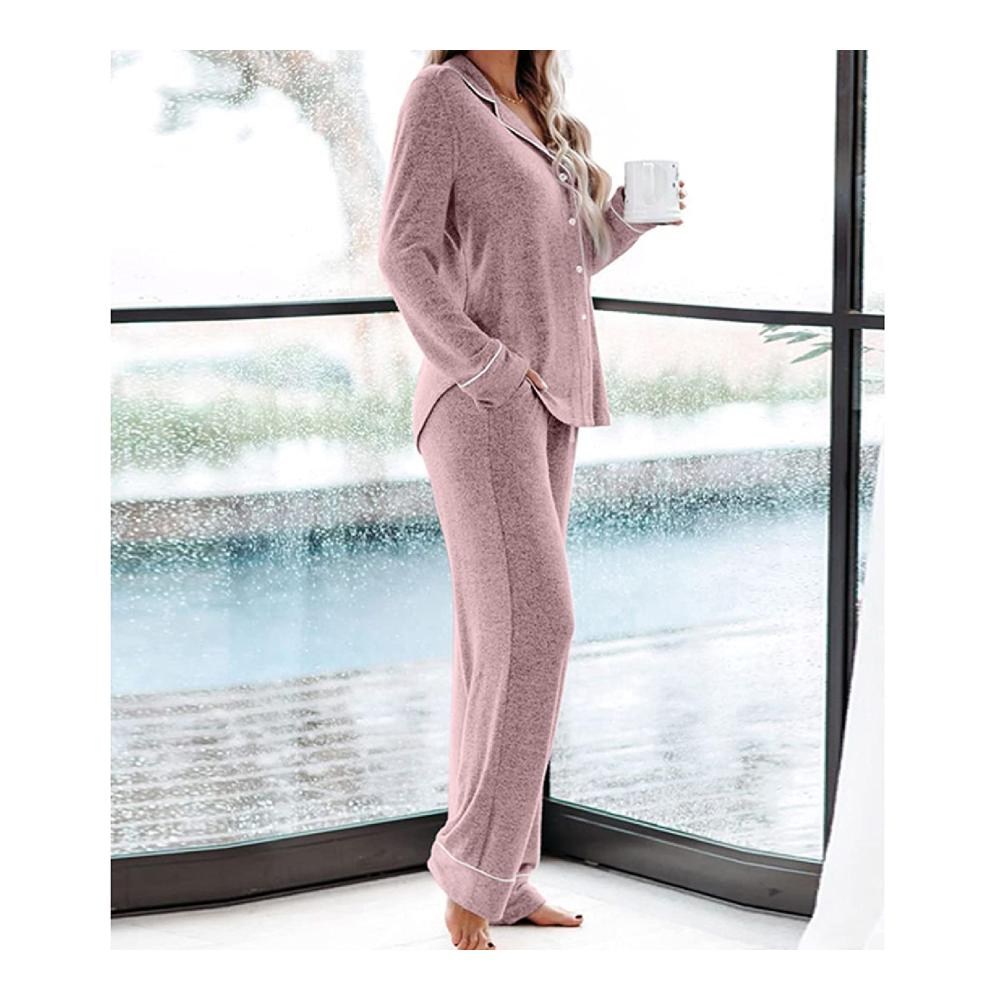 Entspannen Sie stilvoll Damen Schlafanzug Pyjama Damen Winter V-Ausschnitt - Super Soft und Bequem für gemütliche Nächte. Perfekt für Zuhause in Rosa Größe XL