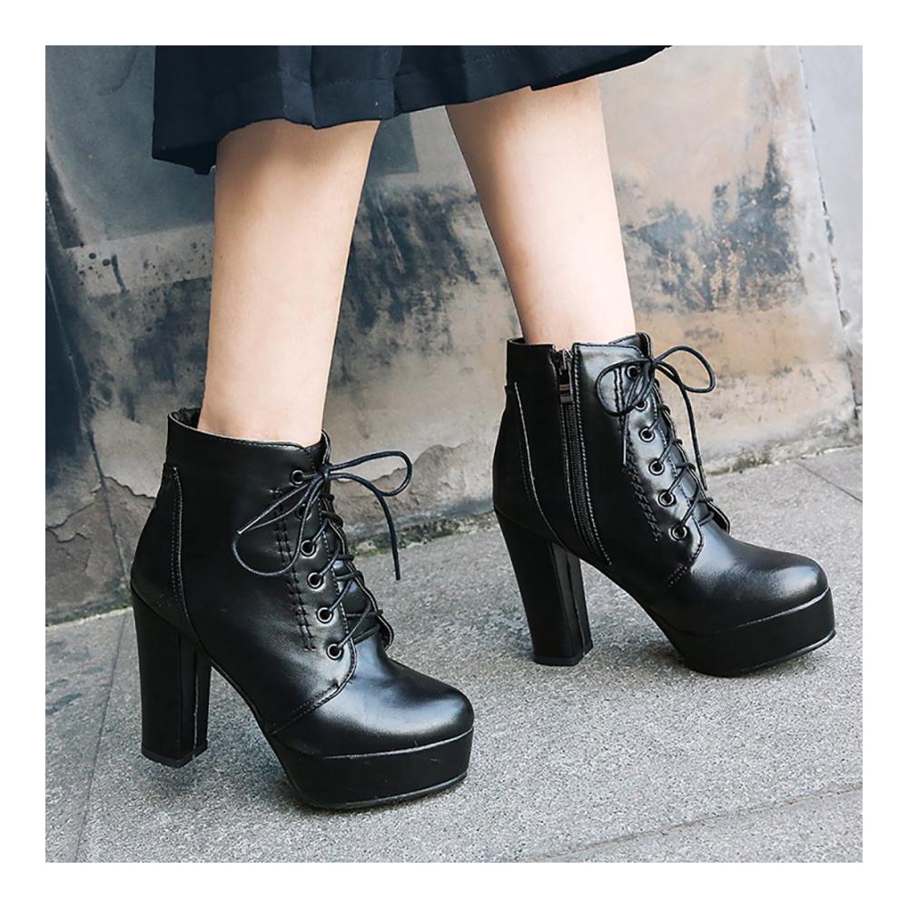 Damen Stiefeletten High Heel Stiefel mit Absatz Schnürverschluss und Reißverschluss Ankle Boots Plateau Absatz Chunky Heels Boots Damenmode