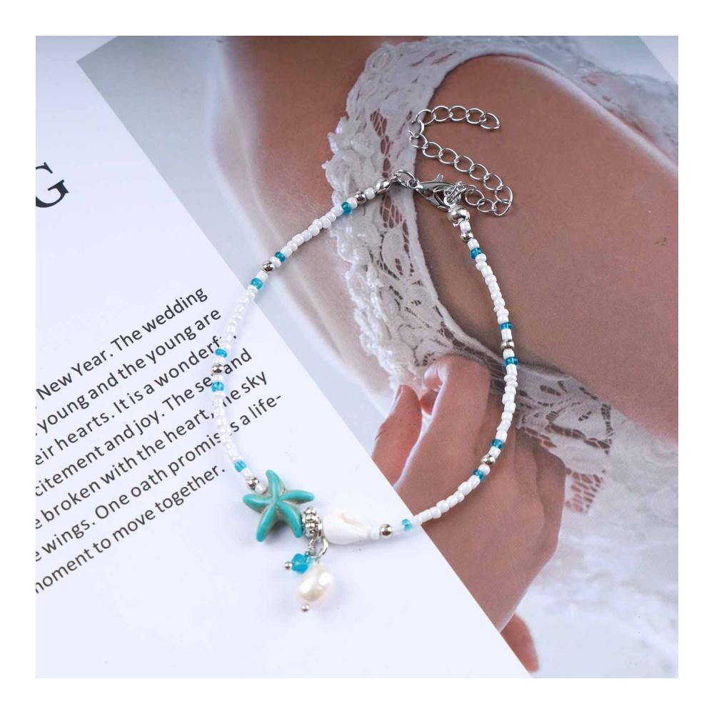 Elegantes Strand-Accessoire Boho Fußkettchen mit Seestern und weißen Perlen für Frauen – Sommerliches Knöchelarmband in Blau