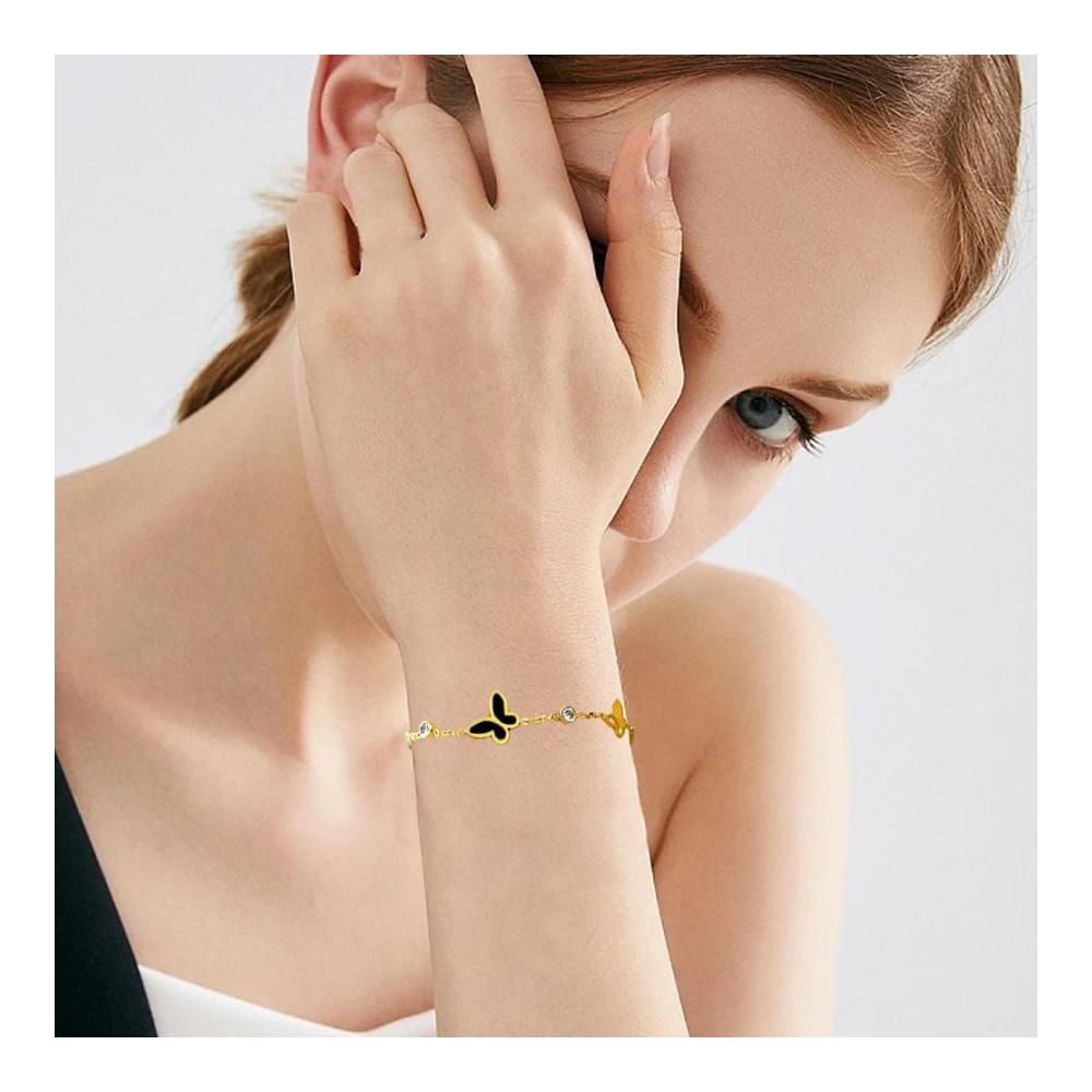 Armband Schmetterling Damen Verstellbar Edelstahl Vergoldet mit Zirkonia Stein und Cut Out Design Freundschaftsarmband für Sie Schmuck Geschenk