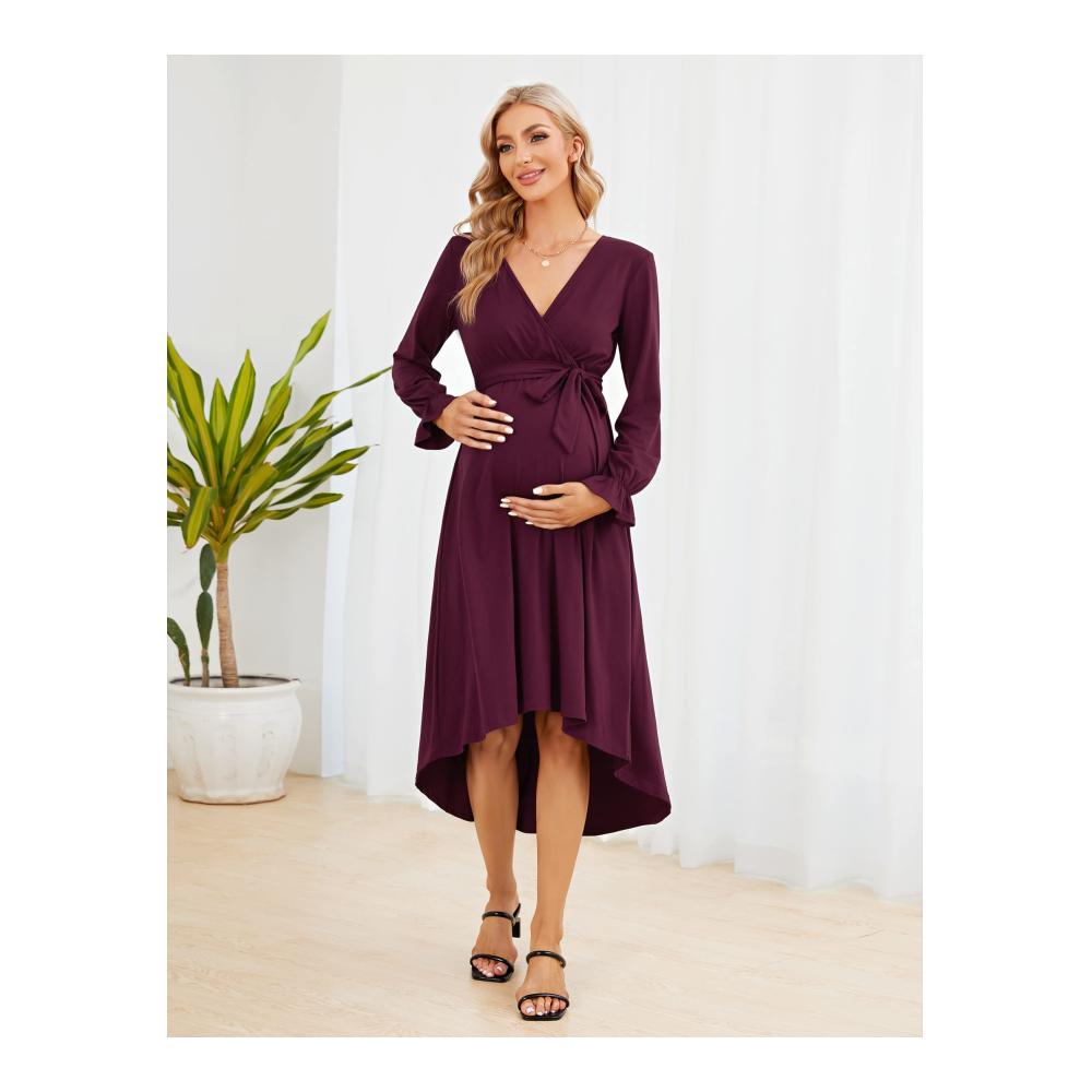 Stilvolles Umstandskleid Damen Langarm Stillkleid mit Gürtel in Burgunderrot - Perfekte Wahl für Schwangerschaft und Eleganz Größe L