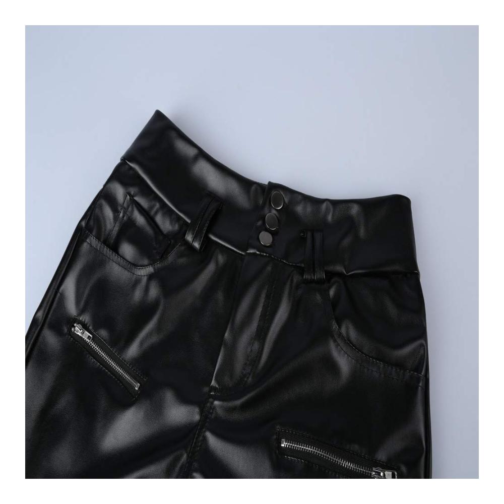 Damen Kunstleder Leggings High Waist Lederhose mit Push-Up Effekt Skinny Stretch Tights in Schwarz - Bequeme Röhrenhosen mit Taschen und Knopfleiste für perfekte Passform