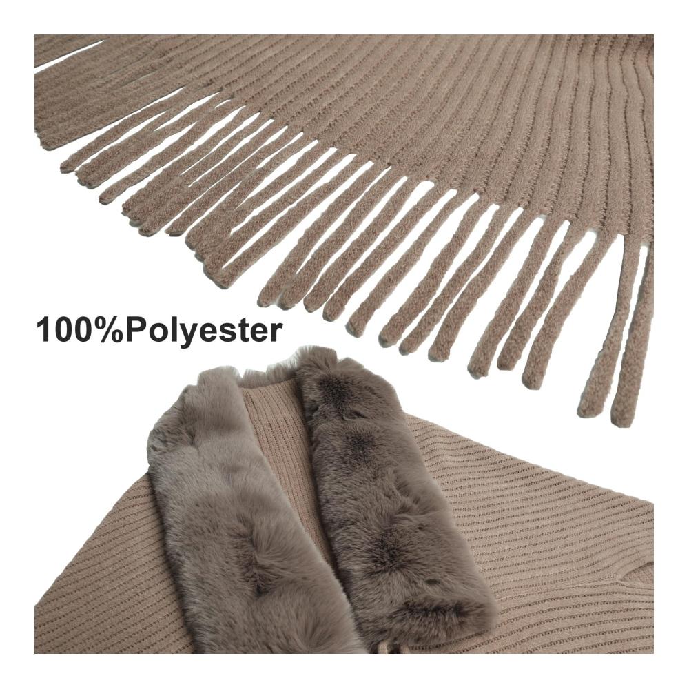 Eleganter Strick Poncho mit Quaste und Pelzkragen – Damen Umschlagtuch für stilvolle Wärme und Komfort. Gehäkelter Cape Cardigan als vielseitiger Mantel perfekt für jede Gelegenheit