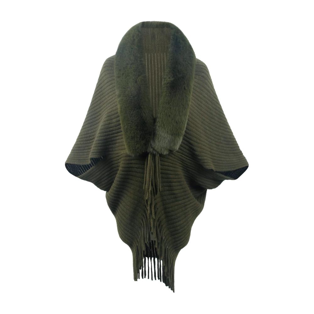 Stilvoller Damen Strick Poncho mit Pelzkragen und Quasten - Warm Elegant und Vielseitig - Perfekter Umhang für kühle Tage und modische Statements