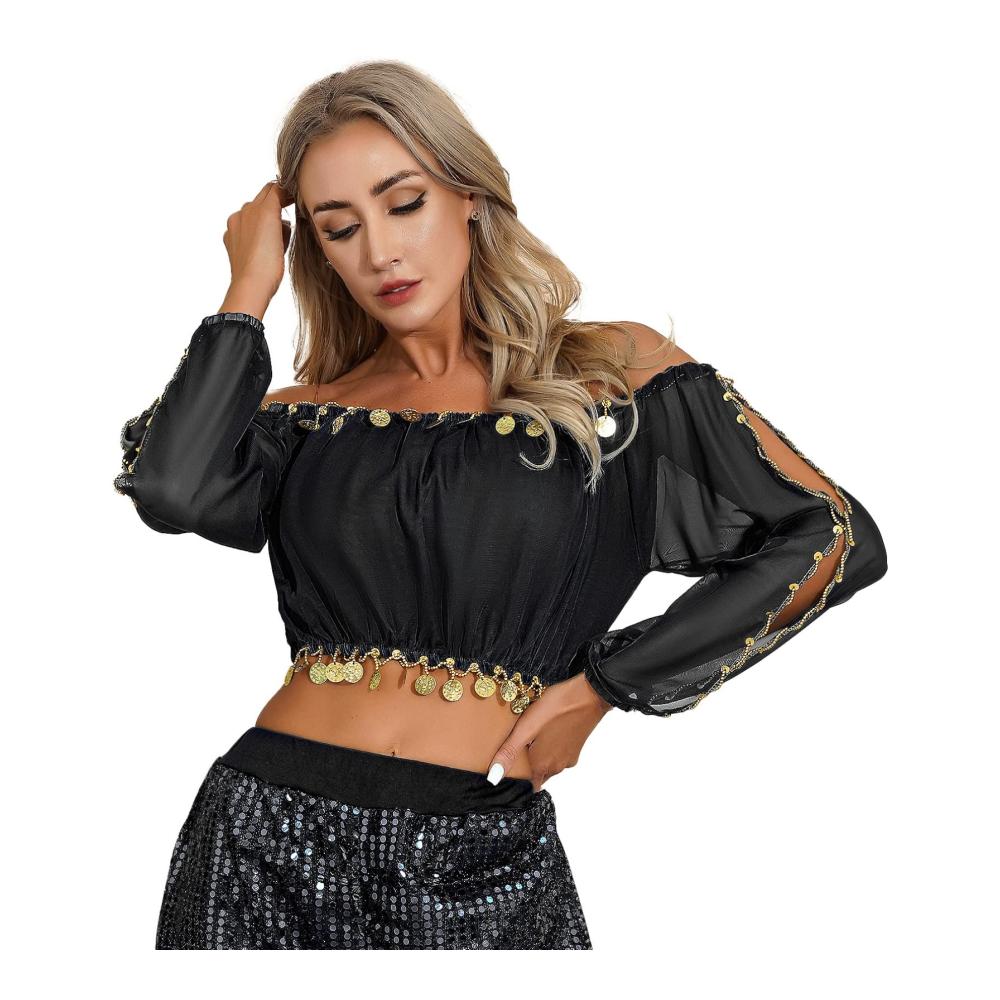 Entdecken Sie die Perfektion von Tops Damen Bauchtanz Kostüm Oberteil mit Münzen - Exquisit Schulterfrei und Bauchfrei für den ultimativen Tanzstil