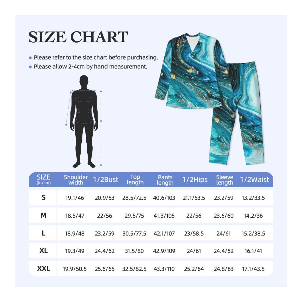 Bequemer Herren-Pyjama Langärmeliges Türkis-Blau-Gold-Marmor-Set - Stilvoller Schlafanzug für erholsame Nächte