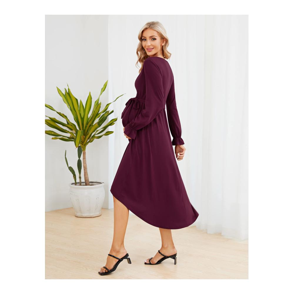 Stilvolles Umstandskleid Damen Langarm Stillkleid mit Gürtel in Burgunderrot - Perfekte Wahl für Schwangerschaft und Eleganz Größe L
