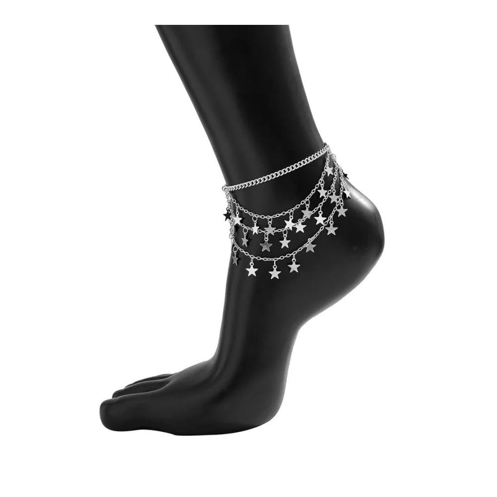 Entdecken Sie den Charme 2er-Set Fußschmuck aus Edelstahl mit Sternen-Pailletten Quasten und U-förmiger Metallkette - Perfekte Fußkettchen für stilvolle Frauen