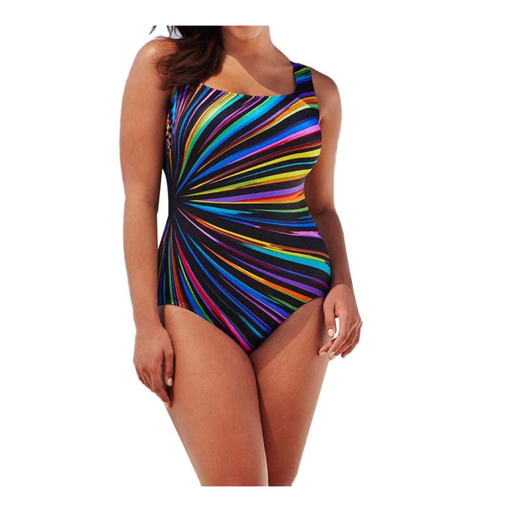 Einteiliger Badeanzug für Damen in Übergröße mit bunten Streifen Bauchkontrolle Bademode Monokini Größen S-5XL