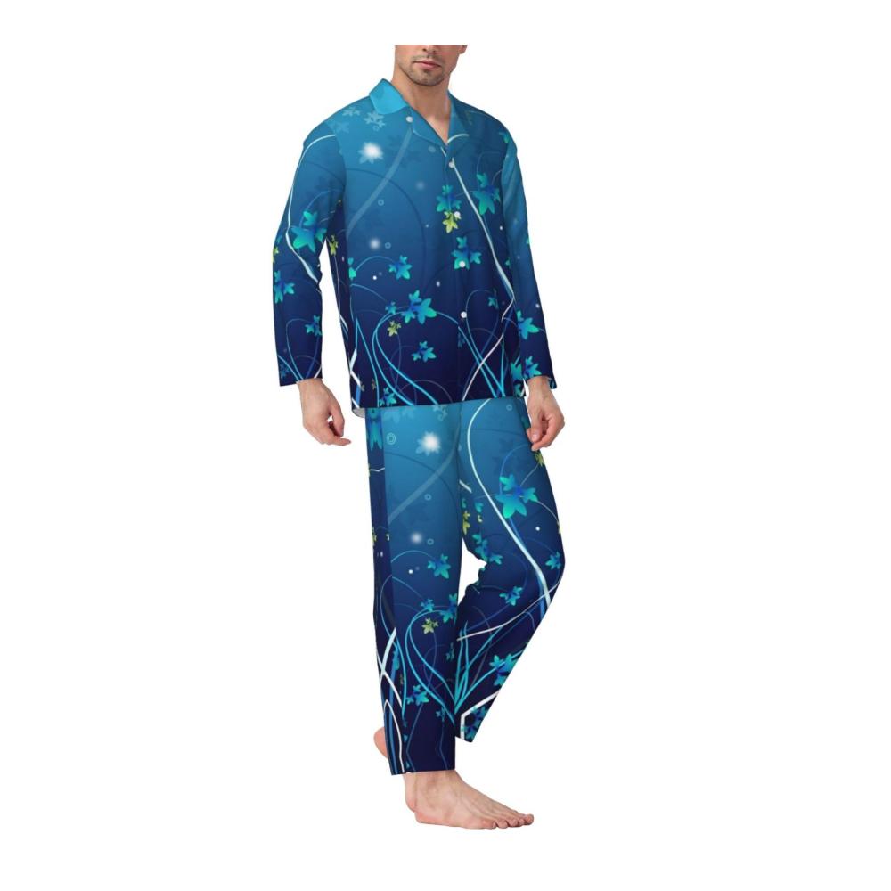 Gemütlicher und modischer Herren-Schlafanzug mit blauem Mini-Blumen-Swirl-Druck langärmelig für optimalen Komfort. Perfekte Nachtwäsche für erholsamen Schlaf