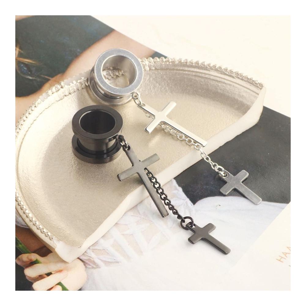 Hochwertiges 2er Set Silber-Schwarz Tunnel Ohrringe mit Kreuz-Anhänger und Kette - Eleganter Edelstahl Piercing-Schmuck für Ohr Tunnel 6mm-25mm. Perfektes Accessoire