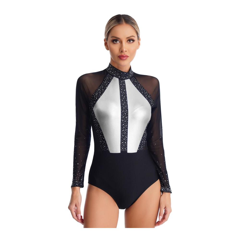 Glitzernder Damen Ballettanzug Langärmeliger Turnanzug für Gymnastik Wettkämpfe und Tanzperformances mit Strasssteinchen und Trikot-Design