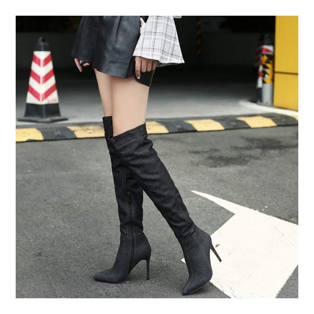 Damen Denim Stiefel Overknee Absatz Stiletto High Heels Herbst Winter Stiefel Spitz Reißverschluss Stiefeletten
