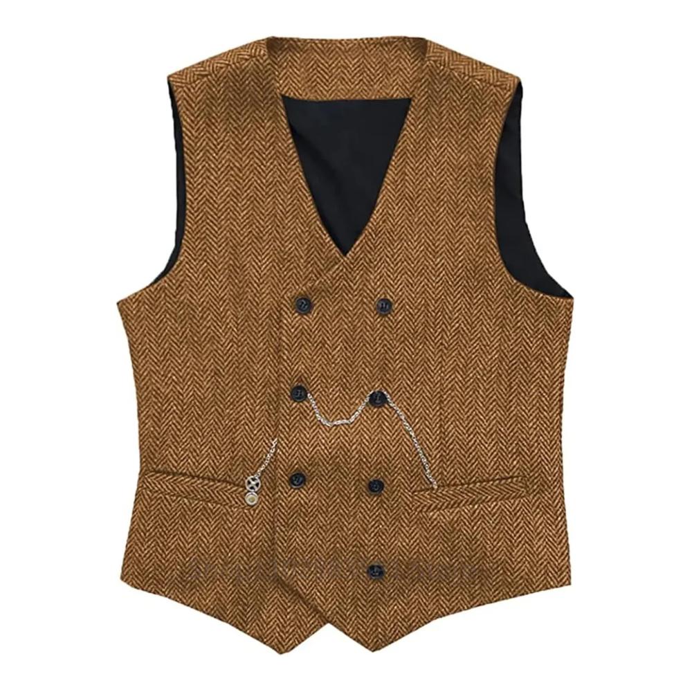 Stilvolle Herren V-Ausschnitt Anzugweste aus Fischgrätenwolle - Tweed Zweireihige Weste für Smoking Trauzeugen & Hochzeiten - Zeitlos elegante Westen für Herrenbekleidung
