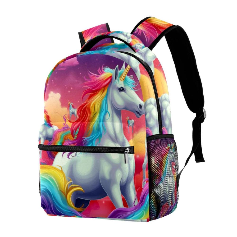 Entzückender Kinderrucksack Cartoon-Einhorn Regenbogen-Design | Leichte Schultasche mit Hauptfach & 2 Seitentaschen | Organizer-Fronttasche | Premium Qualität für kleine Entdeckerinnen