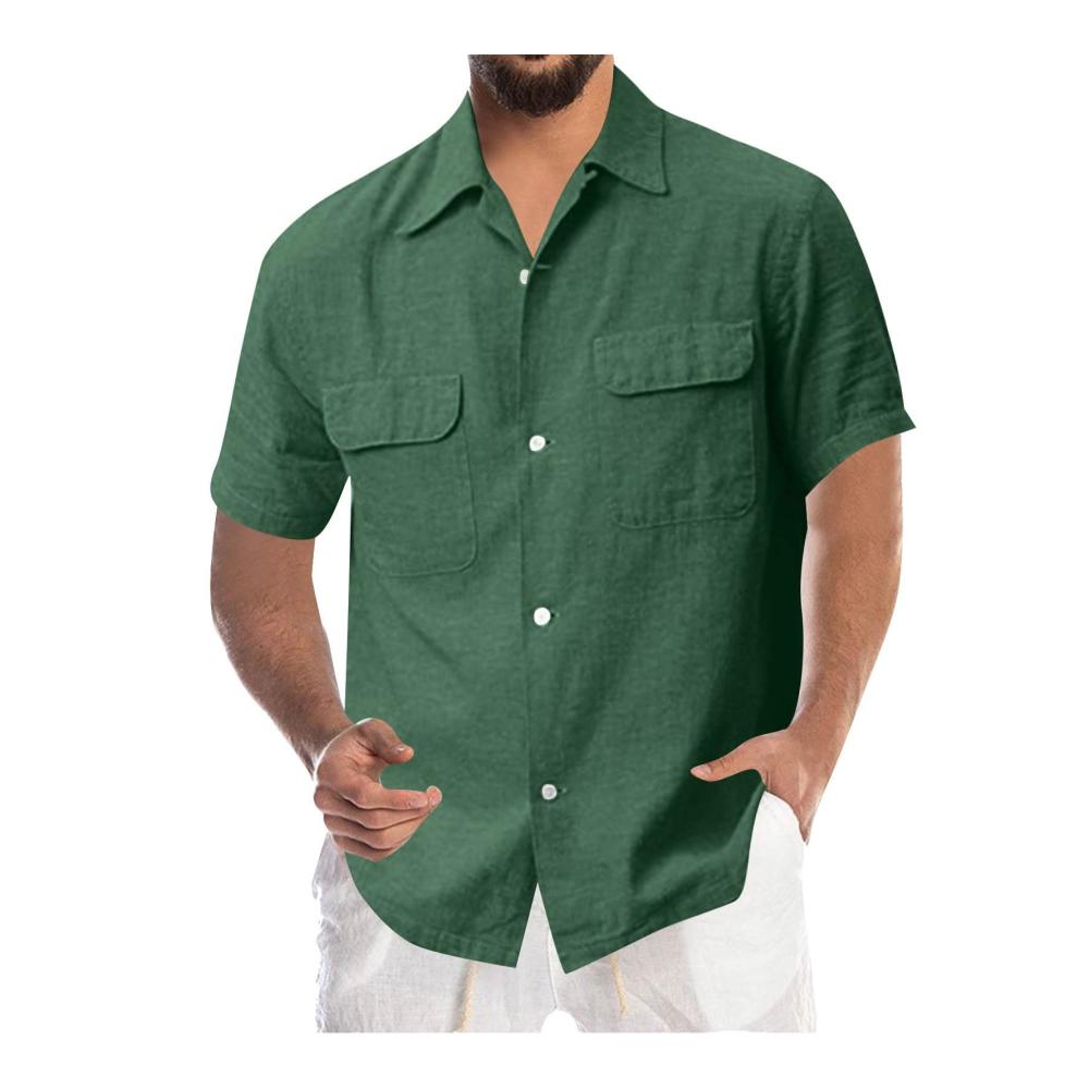 Poloshirt Herren Kurzarm Leinen Button Down Sommerhemden Gestreift Regular Fit Freizeit Casual Hemd Retro Urlaubshemd Strandhemd Einfarbig Bügelleicht Atmungsaktiv Weich