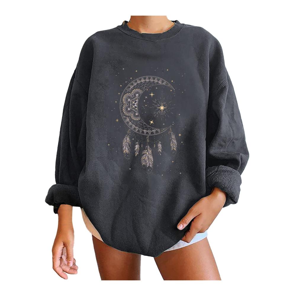 Bequemes Sweatshirt Damen Rundhals mit Sonne Mond Druck | Oversized Pullover für Teenager Mädchen | Langarmshirt für Herbst Winter | Streetwear und Sportbekleidung | Casual Vintage Style