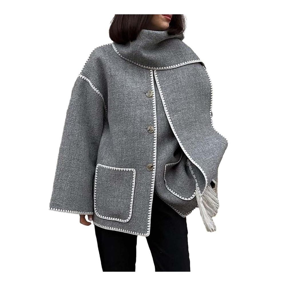 Edler Strick-Wintermantel mit abnehmbarem Schal für Damen | Langer Einreiher-Mantel mit Quasten-Schalkragen | Warme Herbstjacke mit Statement- Schal