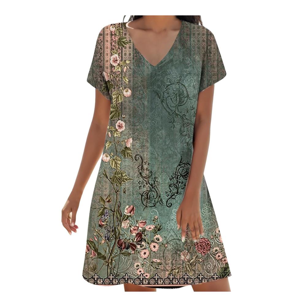 Entzückende Damen Bodys Kurzarm Rundhals Bohemian Blumen Sommerkleid für einen stilvollen Freizeitlook mit floralen Akzenten und lässigem Charme