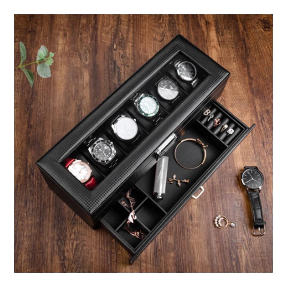 Edle Aufbewahrungsbox aus Leder für Schmuck- & Uhrensammlung mit transparenter Glasabdeckung (Schwarz 34 x 12 x 13 cm