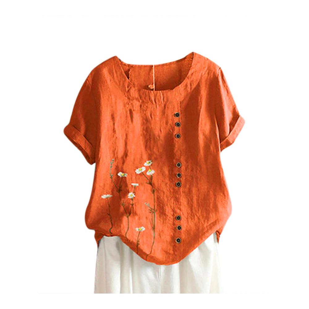 Leinen Bluse Damen mit Blümchenmuster | Sommerliches Longshirt mit Kurzarm und V-Ausschnitt aus atmungsaktiver Baumwolle und Leinen | Bequeme Plus Size Bluse in Größen von M bis 5XL