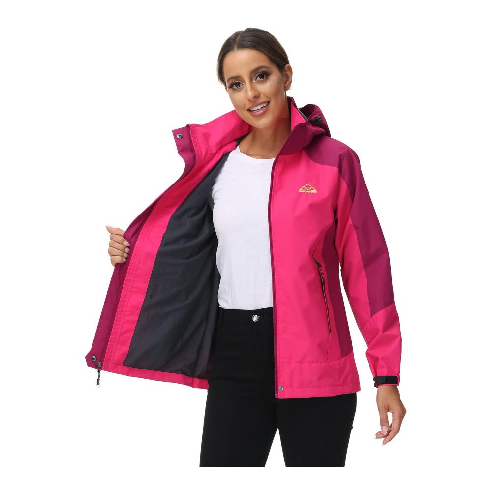 Damen Outdoor Regenjacke Wasserdicht Leicht Atmungsaktiv Funktionsjacke mit Kapuze Wandern Outdoorjacke Für Übergang Regenwetter Trekkingjacke mit Verstellbarer Kapuze und Reißverschlusstaschen