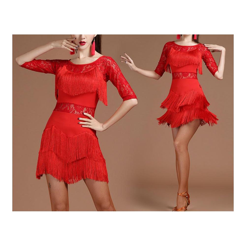 Eleganz trifft Energie Damen Kurzarm Tanz-Performance-Kostüm mit Spitzenquasten und Fransen für Cocktailpartys Tanz und mehr