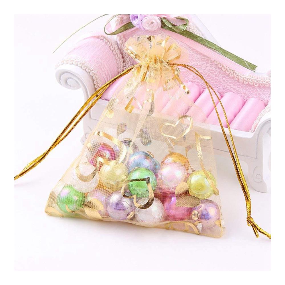 Luxuriöse Organza Schmuckbeutel 100 Stück 9x12 cm ideal für Hochzeit & Geschenke (Gold). Elegantes Design mit Sheer-Kordelzug für perfekte Präsentation