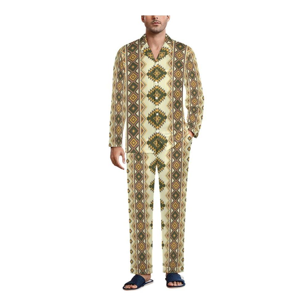 Entdecken Sie den ultimativen Komfort Herren V Ausschnitt Pyjama Set mit Indianer-Design und praktischen Taschen. Perfekt für erholsame Nächte