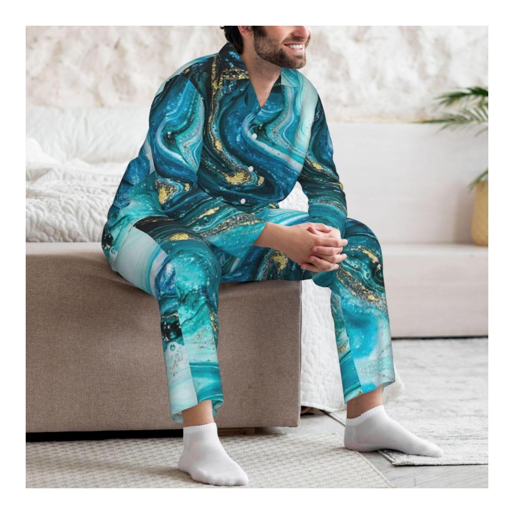 Bequemer Herren-Pyjama Langärmeliges Türkis-Blau-Gold-Marmor-Set - Stilvoller Schlafanzug für erholsame Nächte