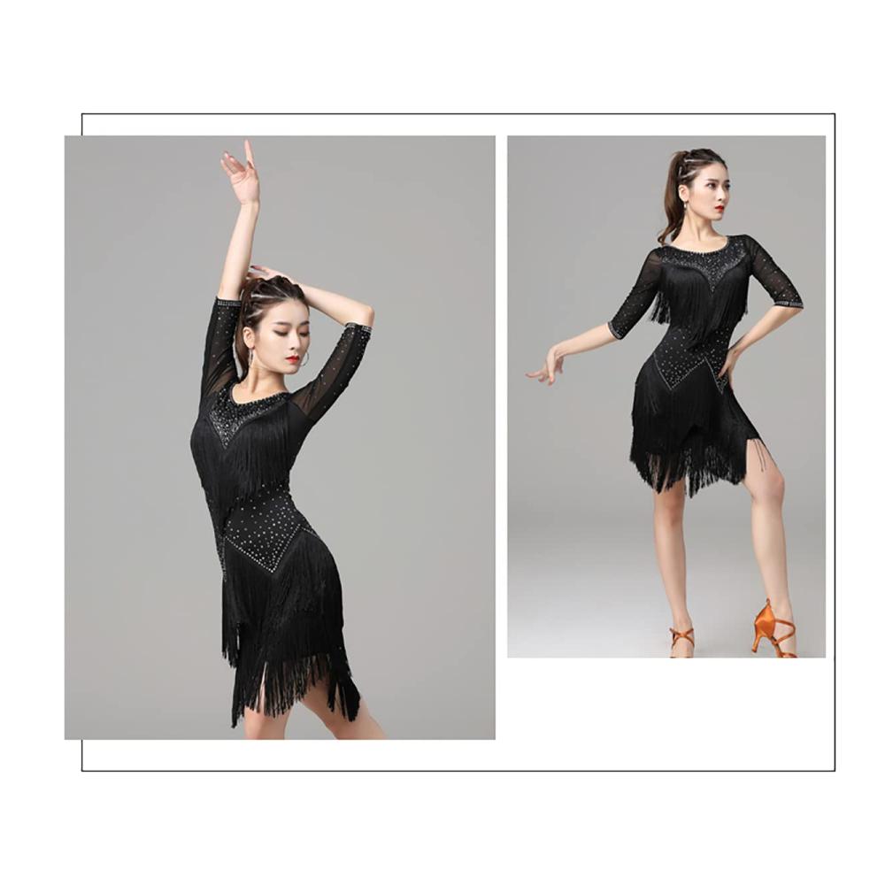 Entdecken Sie Eleganz und Stil Schwarzes Latein-Tanzkleid für Damen mit Fransen und mittellangen Ärmeln für Ballsaal Salsa und mehr! Perfekt für lateinamerikanische Wettbewerbe und Trainings