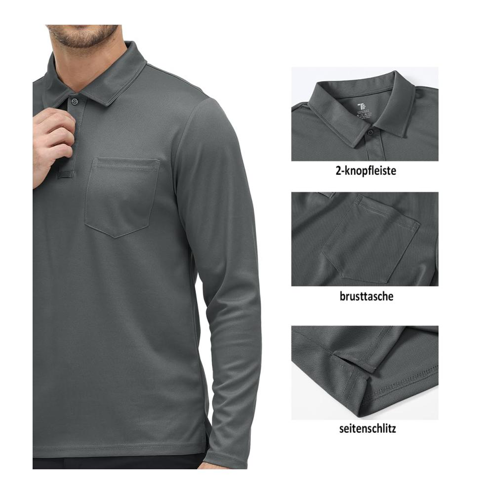 Stilvolle Herren Poloshirts Langarm Golfshirts mit Brillenhalter schnelltrocknend atmungsaktiv für Outdoor Tennis Arbeit & Casual. Top Qualität