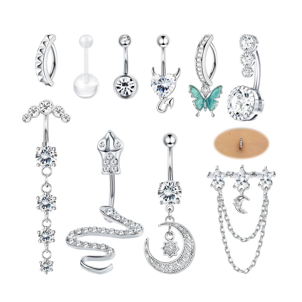 Entdecke den Glanz Bananabells Bauchnabelringe - 10er Set mit CZ Mond Schmetterling & Schlange - Hochwertiger 316L Chirurgenstahl - Einzigartige Designs für stilvolles Bauchnabelpiercing von LOLIAS