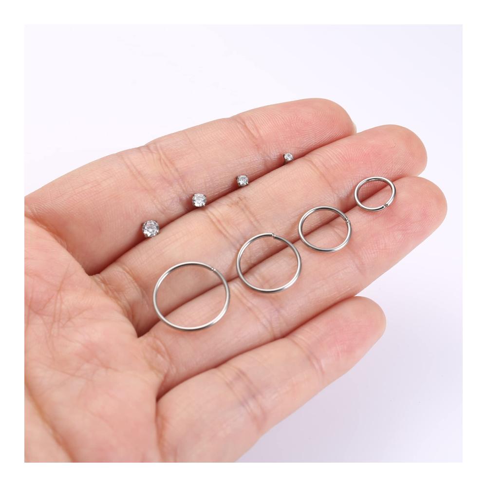 Elegante Vielfalt 12er Set 20G Nasenpiercing Ringe - Dünn Spirale L-Form - Fake Septum Helix Tragus CZ - Nasenringe in Gold & Silber
