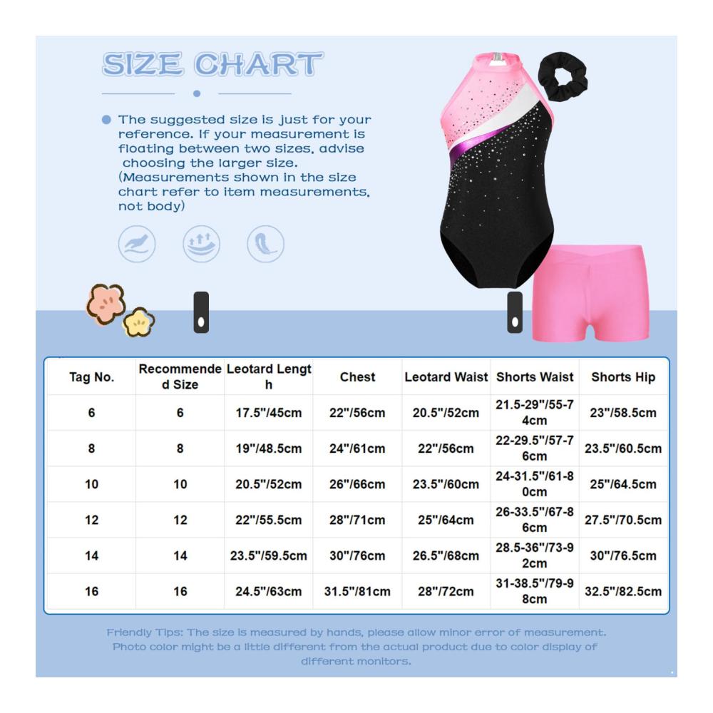 Stilvoller Glitzer-Leotard für Mädchen Tanzbody-Set mit kurzer Hose und Haarband für Wettbewerbe