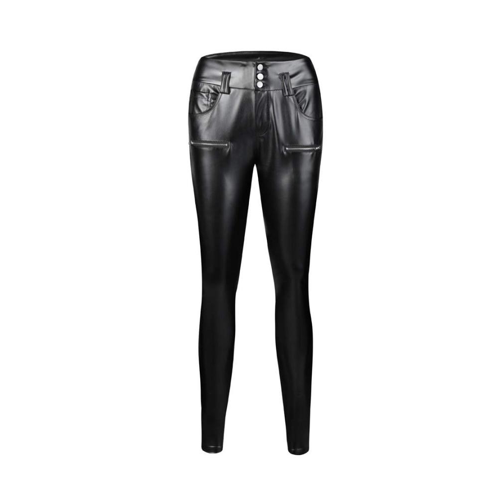 Damen Kunstleder Leggings High Waist Lederhose mit Push-Up Effekt Skinny Stretch Tights in Schwarz - Bequeme Röhrenhosen mit Taschen und Knopfleiste für perfekte Passform