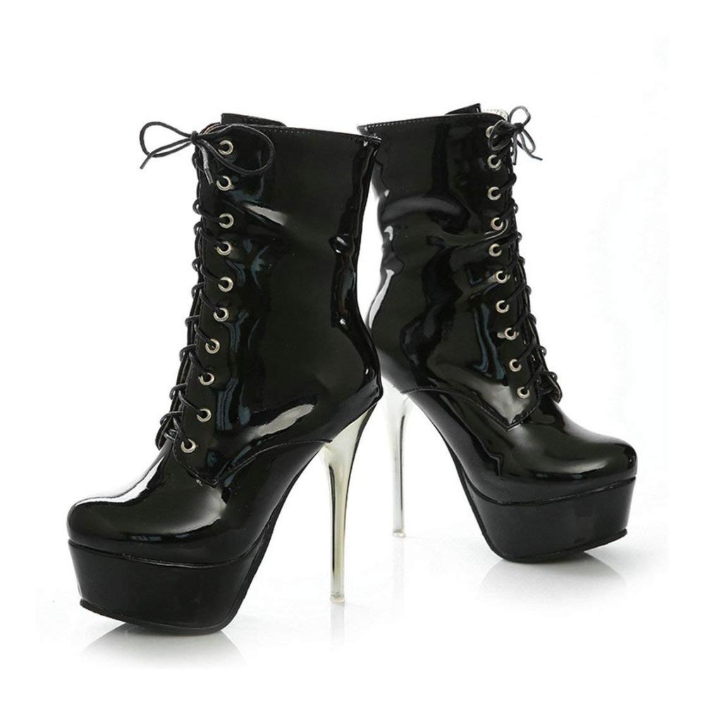 Damen Plateau High Heels Stiefeletten Lack Stiletto Ankle Boots Schnürverschluss & Reißverschluss 14cm Absatz Knielange Stiefel Kurzschaft Pumps Schuhe für Party Club