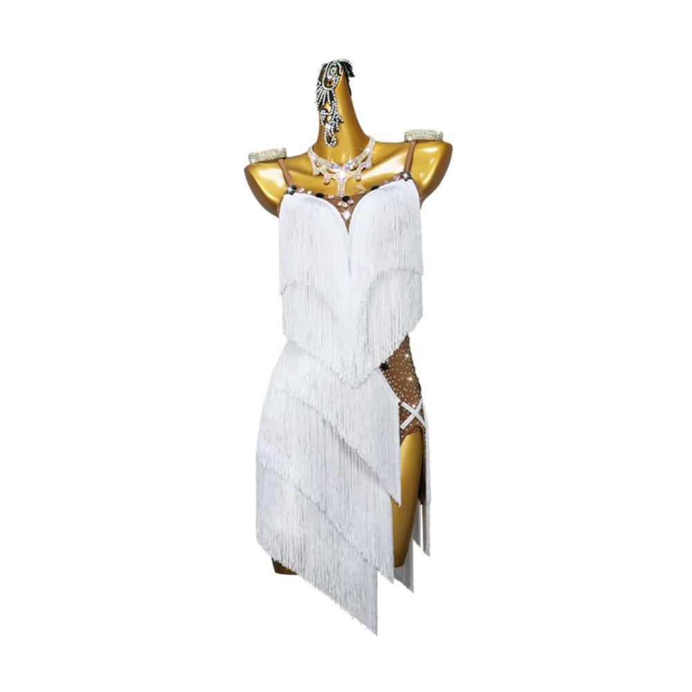 Elegantes Latein Turnierkleid Rückenfrei Fransen & Schlitz. Perfekt für Salsa Samba & mehr. Weißes Kleid ideal als Geschenk für Frauen